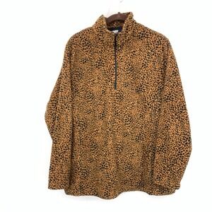 Lands End Women Size 1X 16W 18W Pullover Fleece 1/4 Zip Sweatshirt Brown Leopard